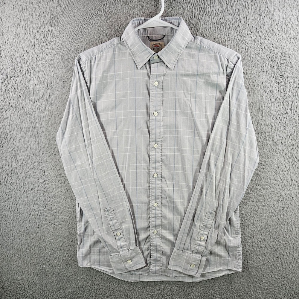 Faherty Brand Mens Small Grey White Windowpane Supima Cotton Blend Button Shirt